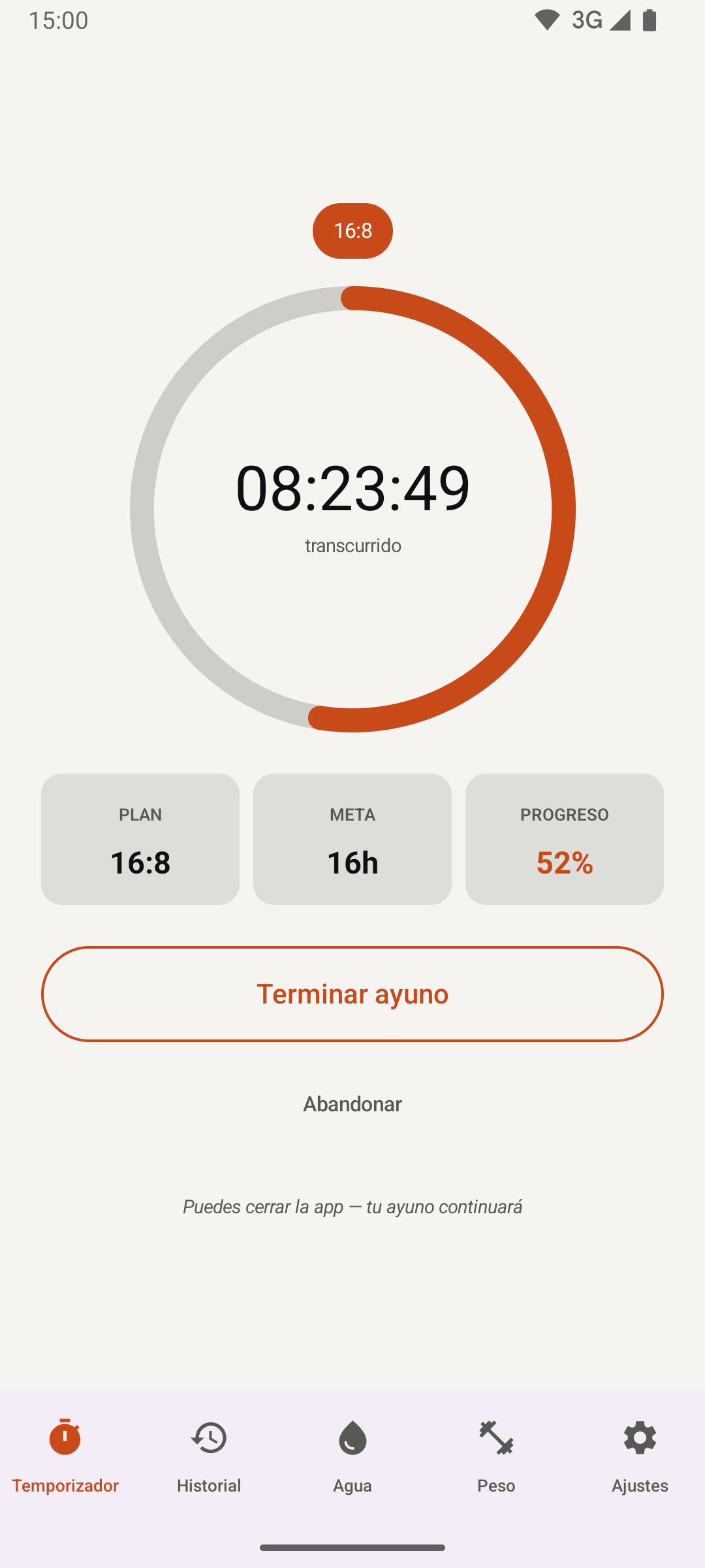 Nullfast — pantalla del temporizador de ayuno